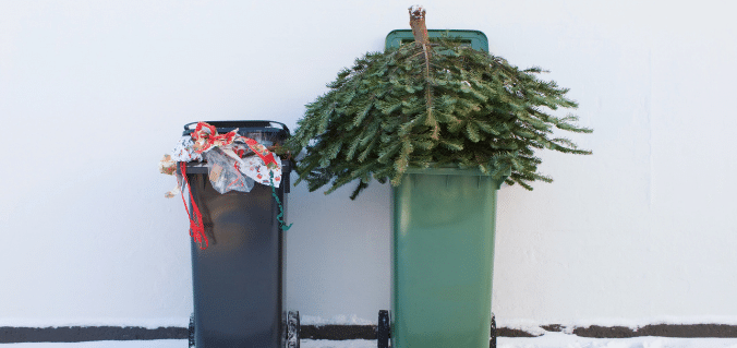 christmas tree upside down in recycling bin