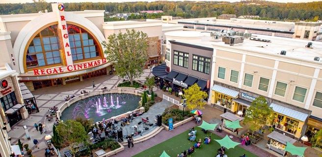 Aerial view of Avalon outdoors theater, grass lawn and fountain in Johns Creek