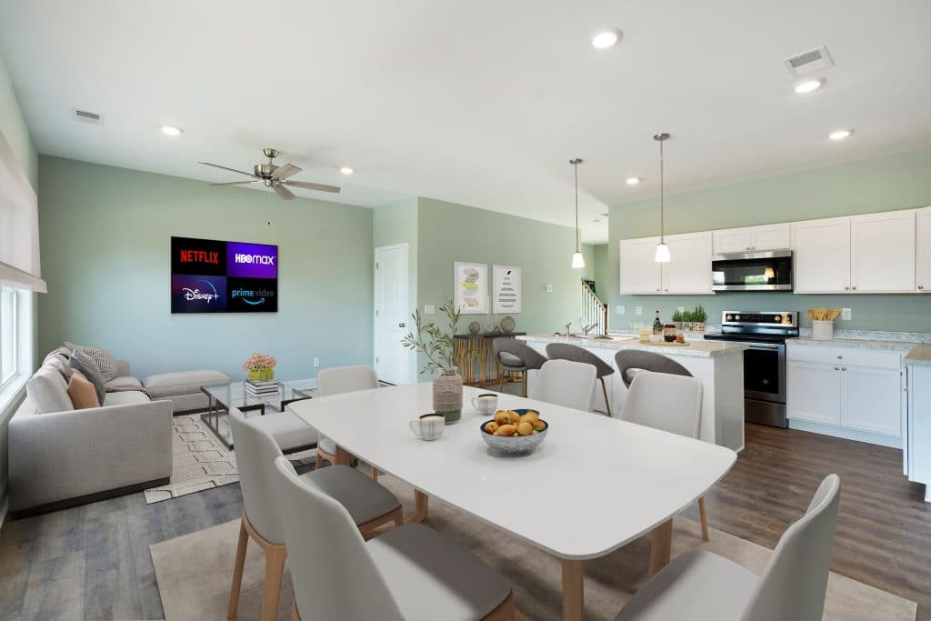 view of open-concept dining and living rooms and kitchen in Jones Street Condos in downtown Cartersville