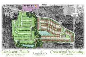 Plat map of Stonecrest Development showing plan for townhomes, single family homes and amenities