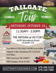 Poster advertising the tailgate & tour active adult event by southwyck homes