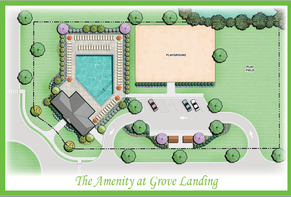 Grove Landing resort-style amenities not typical of a rental community, including a swimming pool, cabana, large playground, pocket parks and a playfield. 