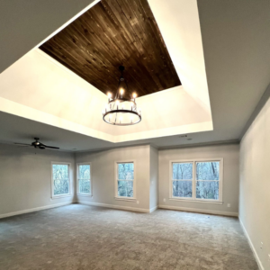 custom owner's suite with tray ceiling, chandelier and large windows