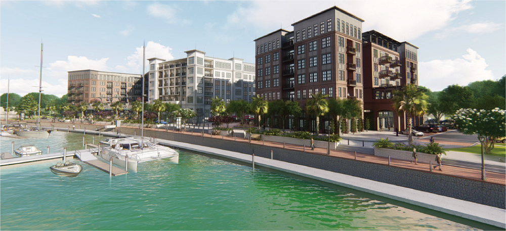 rendering of streetscape and harbor at EmmaJames at Savannah Harbor