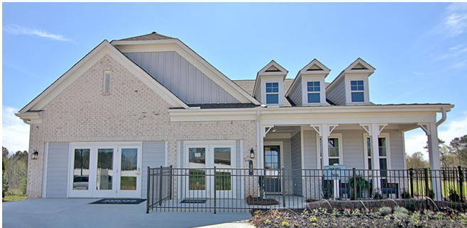 Front exterior of Paige Model home at Oak Hill Reserve active adult community in Newnan, Ga.