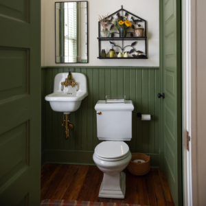 powder room with dark green wainscoting and white toilet and sink