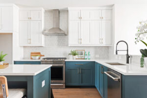 Kitchen with blue cabinets.